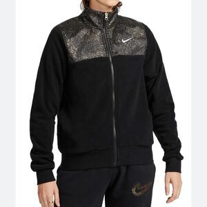 Nike Stardust Plush Fleece Jacket Black Gold Splatter XS DQ6778-010 with pockets